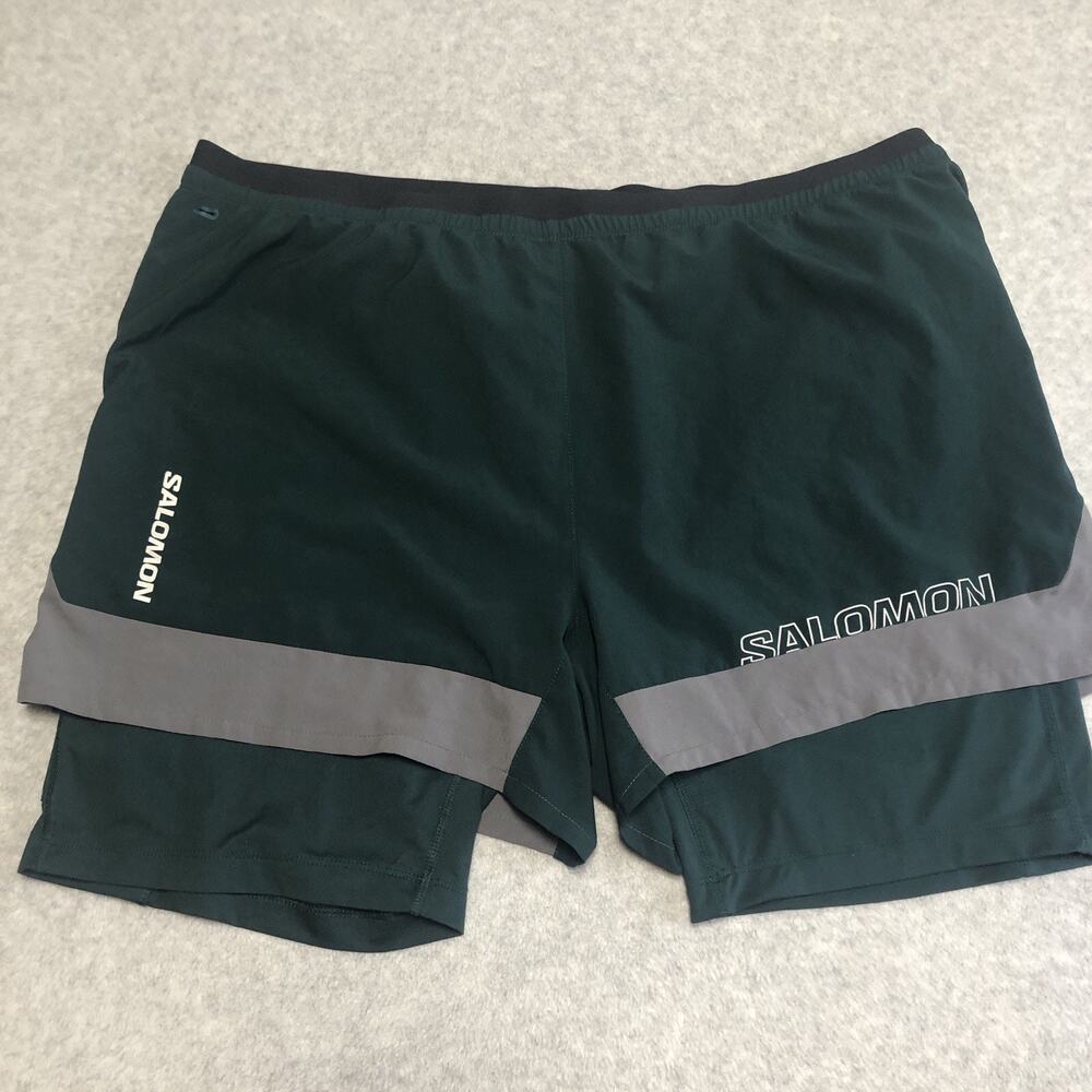 Salomon Mens Running Shorts Green Alpha Twinskin Zipped Pocket Logo Size XL